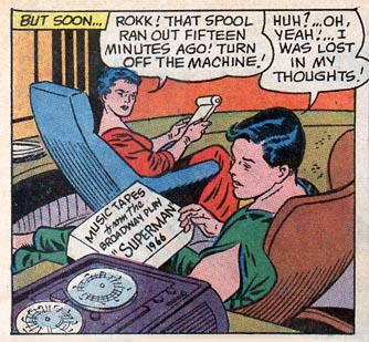 Cosmic Boy listens to his tapes from the Broadway play "Superman"