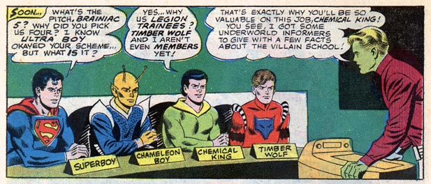 Superboy, Chameleon Boy, Chemical King and Timber Wolf go under cover