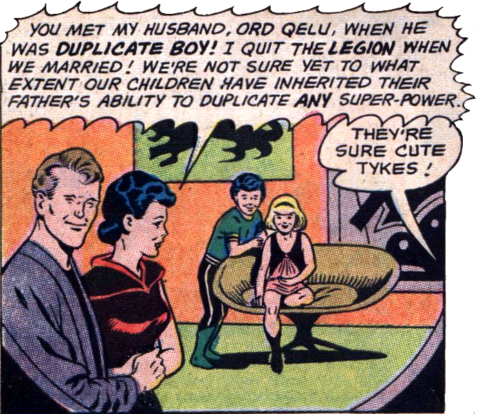 Shrinking Violet, husband Duplicate Boy, and their son and daughter